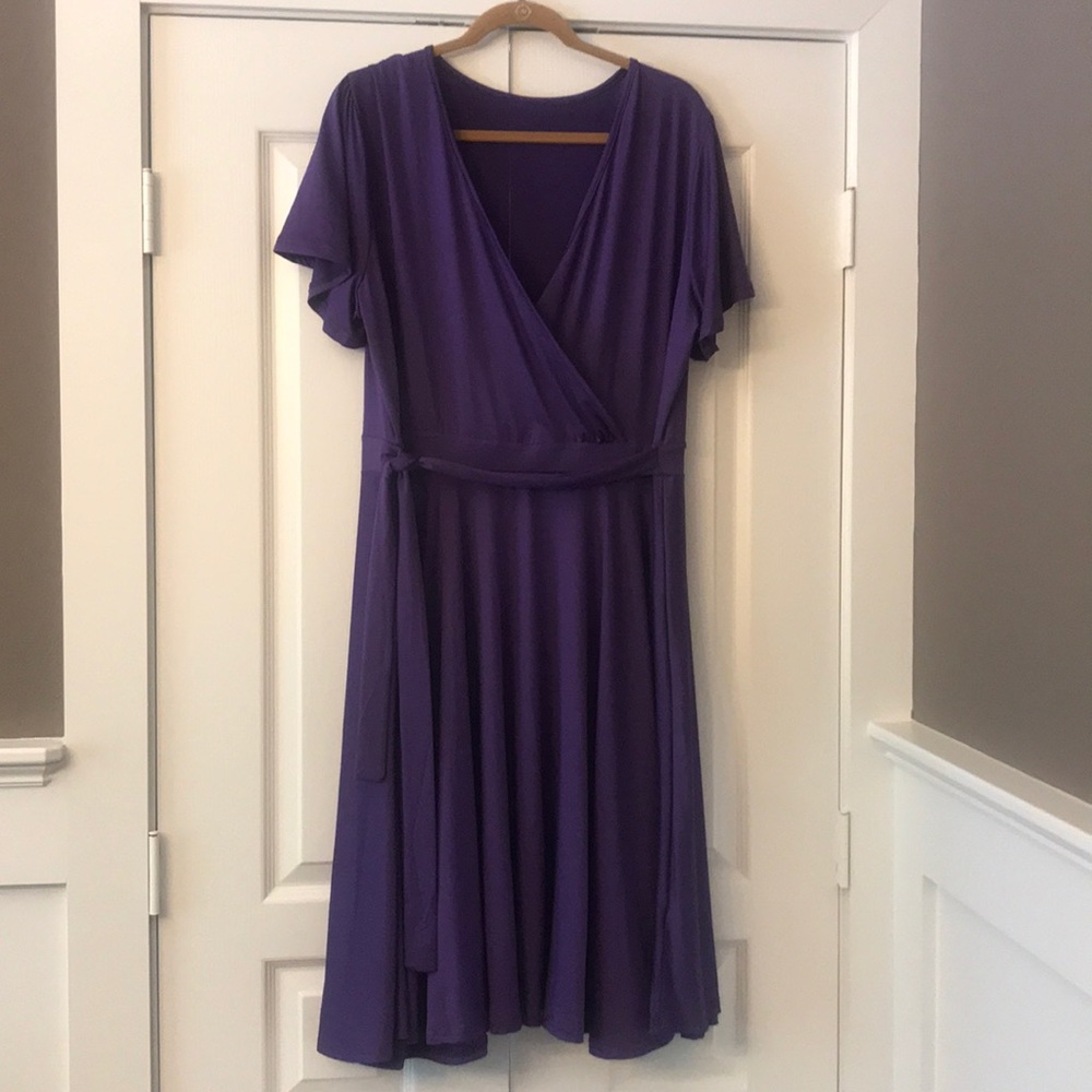 💜Stunning Purple Faux Wrap Dress with Tie Belt